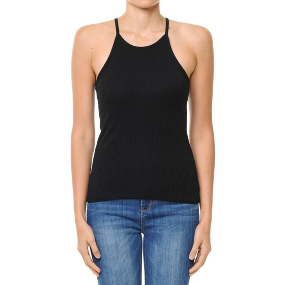 Black ribbed high square neck racerback